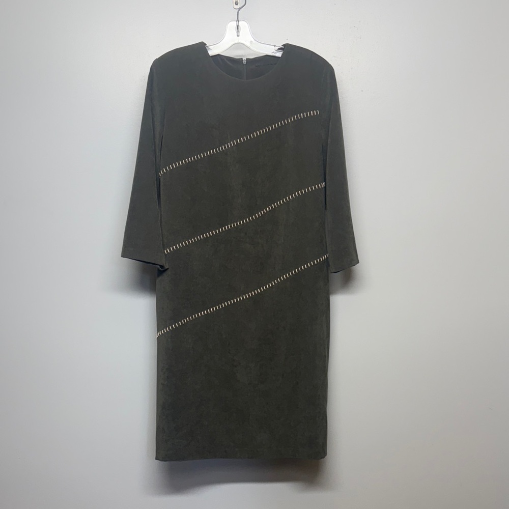 Vintage Olive Green Faux Suede Shift 3/4 Sleeve Minimalist Boho Stitch Dress